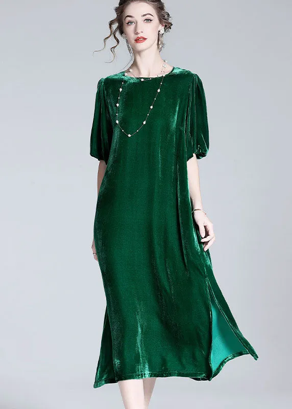 Modern Green O Neck Patchwork Side Open Silk Velour Dresses Summer LY0034