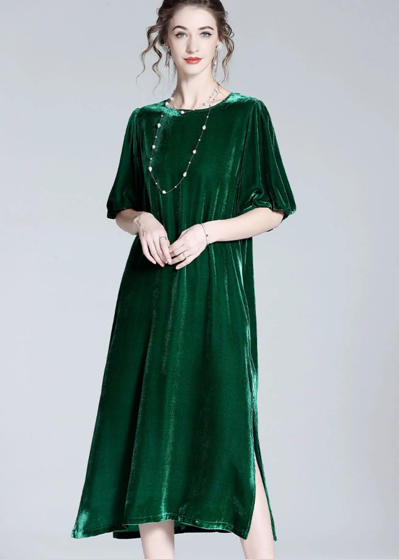 Modern Green O Neck Patchwork Side Open Silk Velour Dresses Summer LY0034