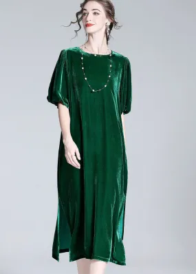 Modern Green O Neck Patchwork Side Open Silk Velour Dresses Summer LY0034