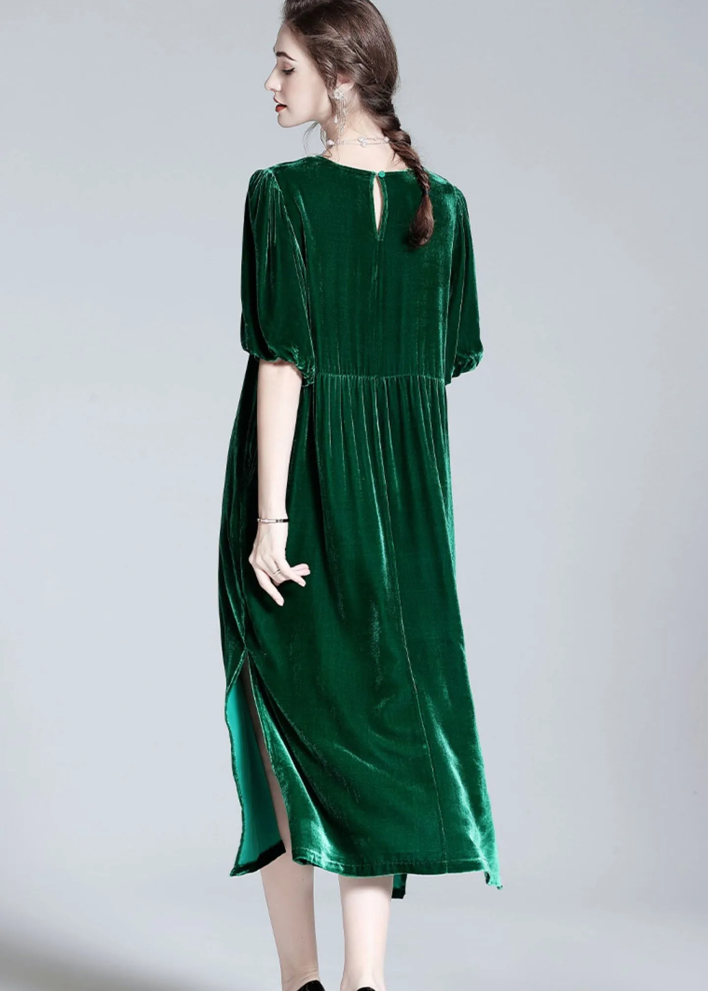 Modern Green O Neck Patchwork Side Open Silk Velour Dresses Summer LY0034