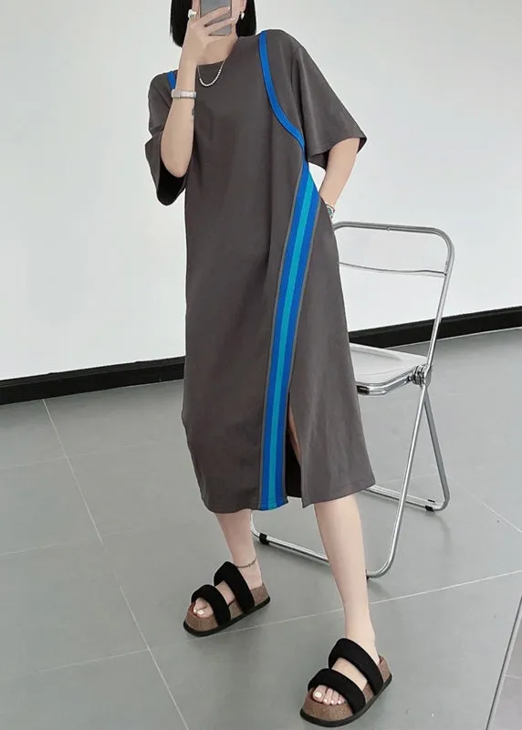 Natural Black O-Neck Asymmetrical Patchwork Cotton Dresses Summer WW1024