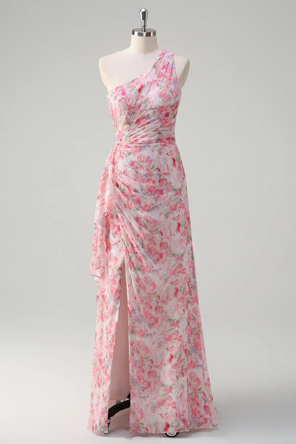 Pink Floral One Soulder Slit Ruched Sheath Maxi Dress