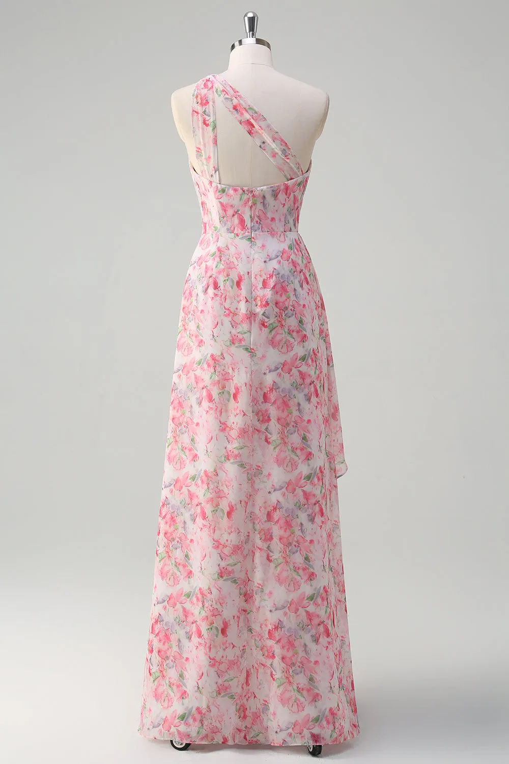 Pink Floral One Soulder Slit Ruched Sheath Maxi Dress