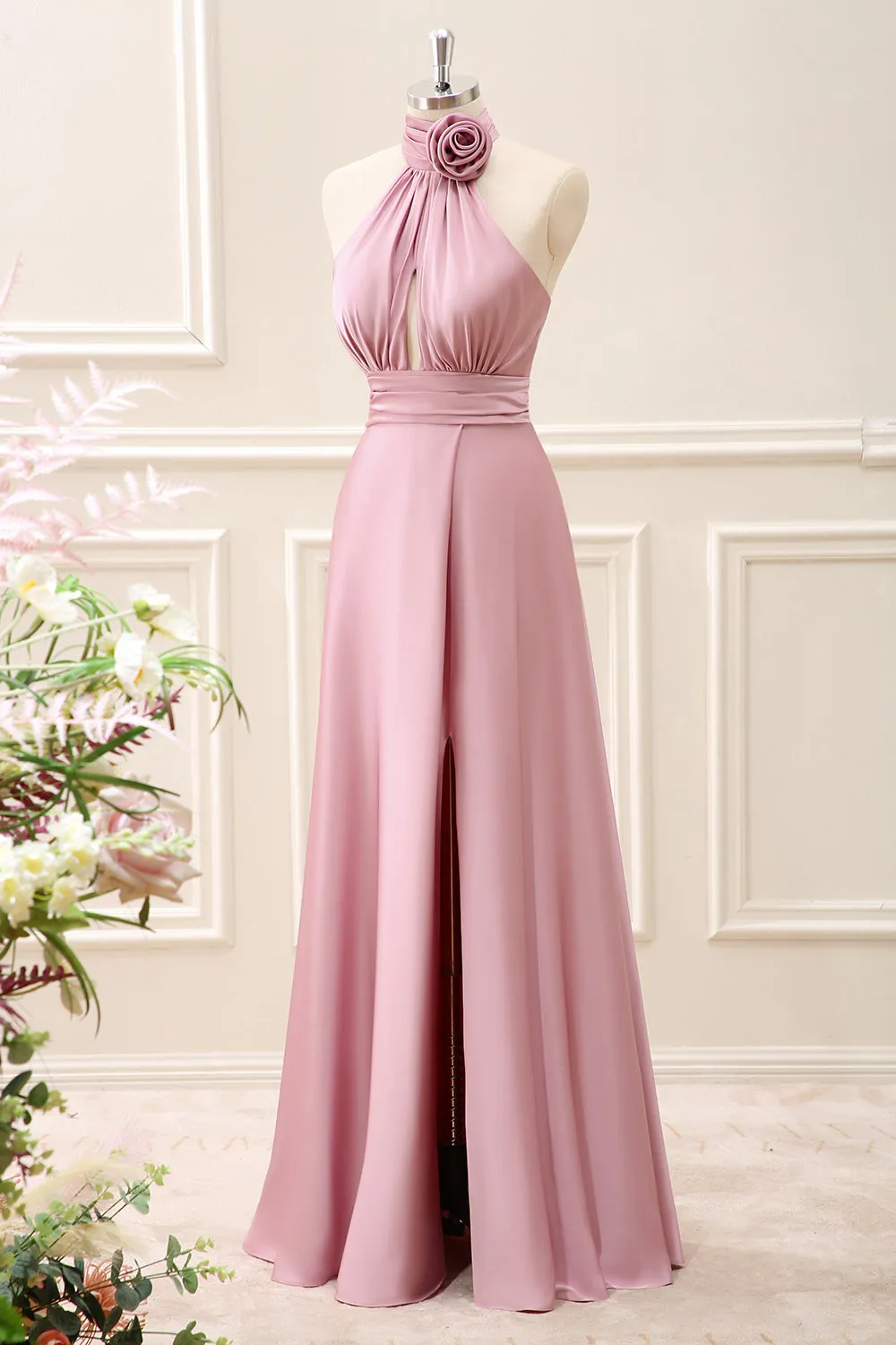 Pink Keyhole A-Line Satin Maxi Dress with Slit