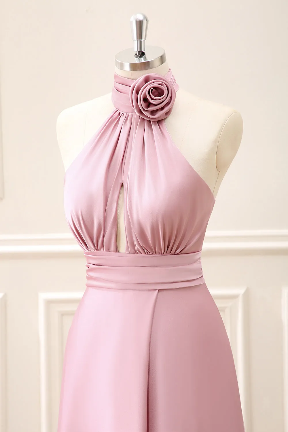 Pink Keyhole A-Line Satin Maxi Dress with Slit