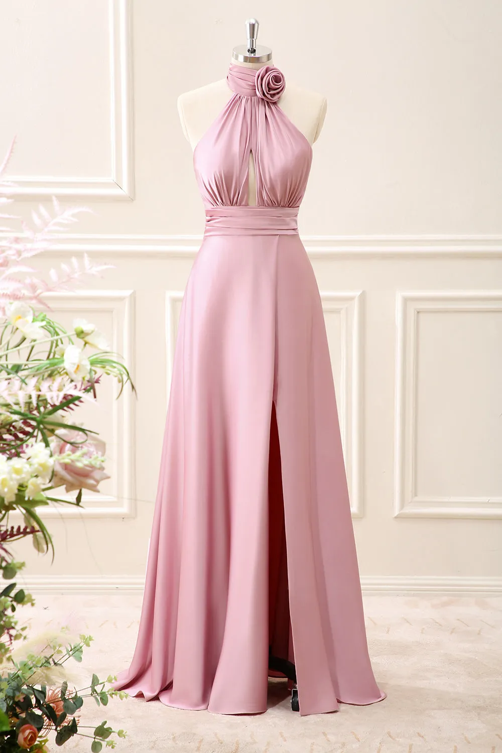 Pink Keyhole A-Line Satin Maxi Dress with Slit