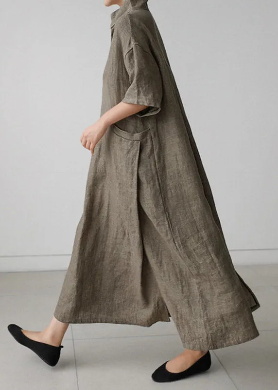 Plus Size Grey Peter Pan Collar Pockets Linen Long Dresses Short Sleeve