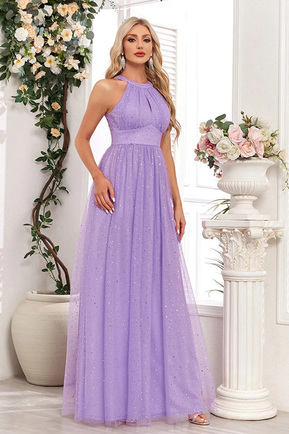 Sparkly Purple A Line Halter Sequins Tulle Pleated Maxi Dress