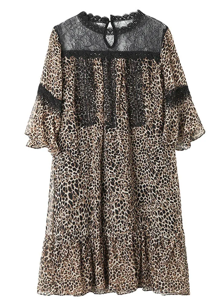 Stylish Leopard Ruffled Lace Patchwork Chiffon Dresses Summer