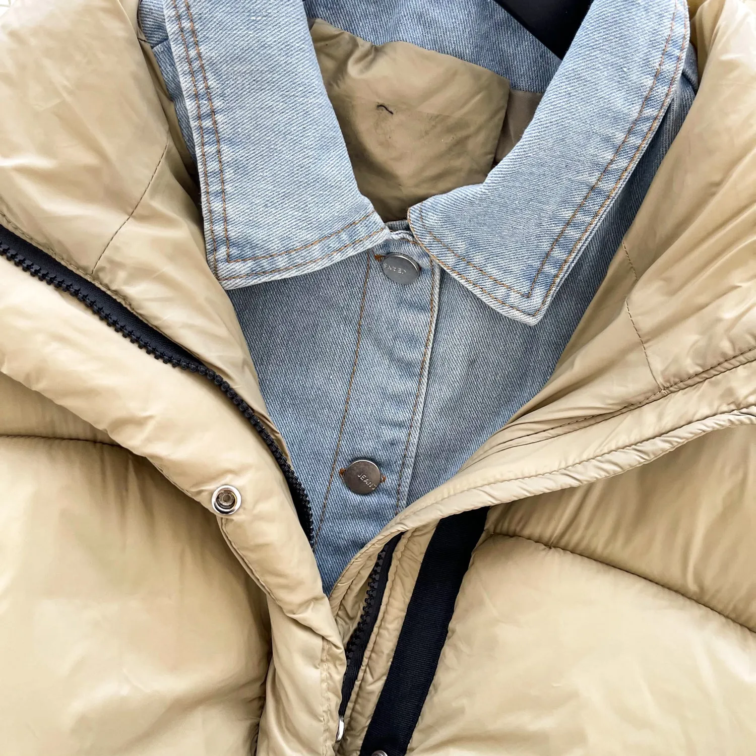 Thermal Denim Patchwork Puffy Jacket