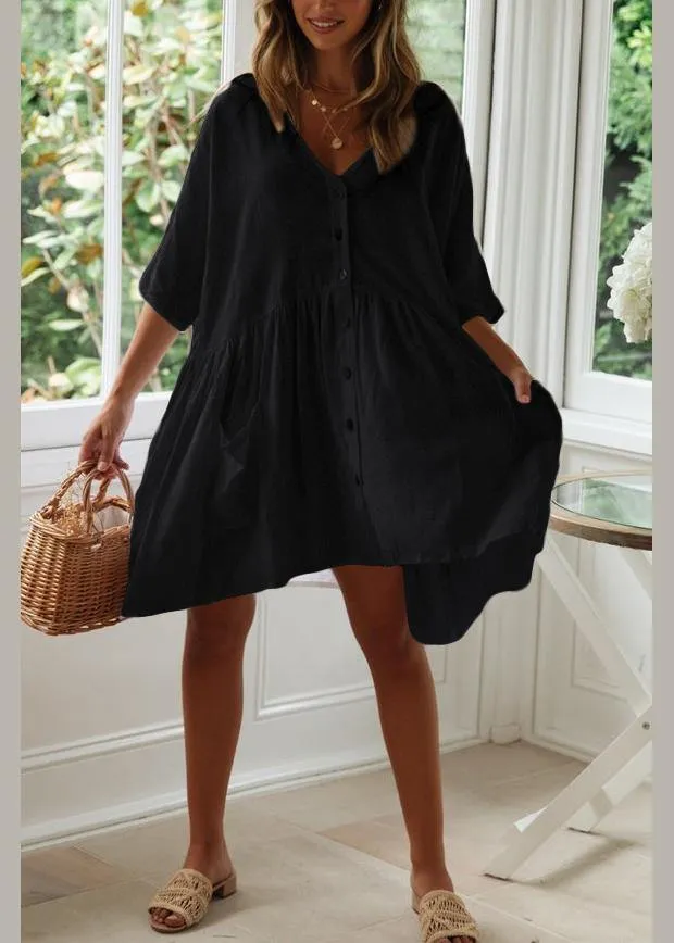 Women Black Button Cotton Pockets Summer Vacation Dresses