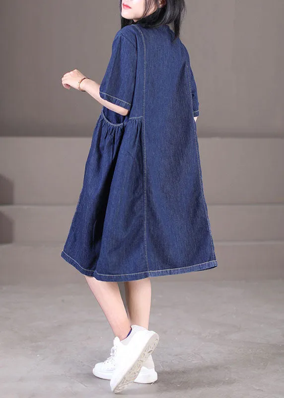 Women Denim Blue Peter Pan Collar Wrinkled Pockets Cotton Robe Dresses Short Sleeve