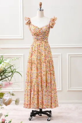 Yellow Flower A Line V Neck Print Pleated Wedding Guest Dress with Slit